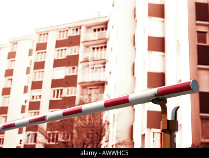 Guard rail in front of apartment buildings, low angle view Stock Photo