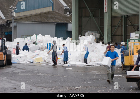 Heaps of polystyrene fish cartons at Tsukiji Central Wholesale Market in Tokyo Japan Stock Photo