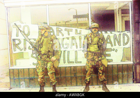 Digitally altered view of armed National Guardsmen, South Central Los Angeles, California Stock Photo