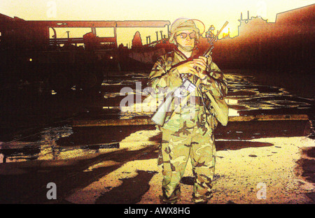 Digitally altered view of armed National Guardsman, South Central Los Angeles, California Stock Photo