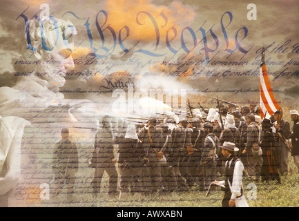 Composite image of Lincoln Memorial and Civil War soldiers in battle with U.S. Constitution Stock Photo