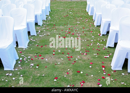 Deserted Aisle after recent wedding with white chairs and rose petal confetti Stock Photo