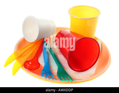 Plastic dishware set isolated on white background Stock Photo