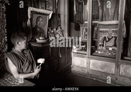 The 14th Dalai Lama(R) and the 11th Panchen Lama portraits in a monastery in Shannan, Tibet. 1995 Stock Photo