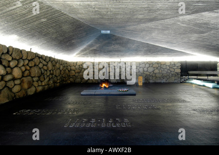 The Flame and Hall of Remembrance with death camps names at Yad Vashem memorial to the Holocaust in Jerusalem Israel Stock Photo