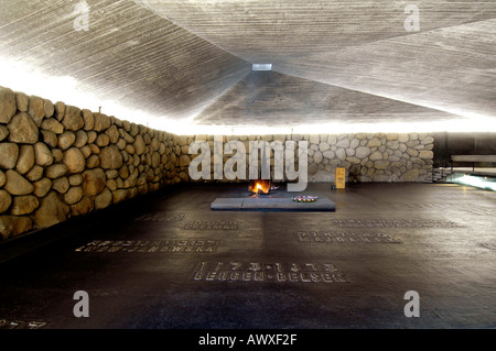 The Flame and Hall of Remembrance with death camps names in Yad Vashem memorial museum for holocaust Jews victims in Jerusalem Stock Photo