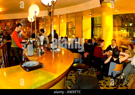 PARIS France, Crowd of People Drinking, interior French Café, Bistro Bar 'L'Endroit'  Inside, working at night, inside busy bar france, cocktails, Stock Photo