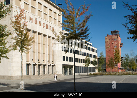 Germany Bavaria Munich old departure building and old control tower of former airport Munich on trade fair area ICM near Riem Stock Photo