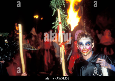 Pagan men in costume dancing at Avebury stone circle during the summer solstice Stock Photo