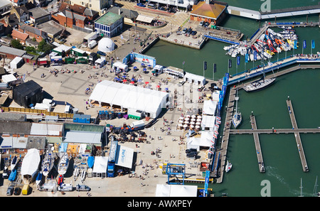 Aerial view of Cowes Quay. Yacht Haven boat yard and marina. Isle of Wight. UK. Skandia Cowes week. Stock Photo