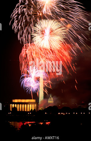 Washington, D.C., USA,  July 4th fireworks over The Mall, Capitol, Washington Monument and Lincoln Memorial Stock Photo