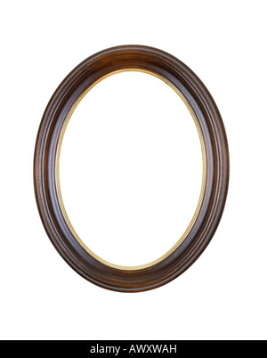 Picture frame oval brown wood, uneven stain and lacquer finish, isolated on white background. Stock Photo