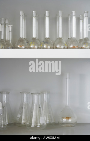 Laboratory flasks on shelves Stock Photo - Alamy