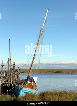 Replica Morecambe Bay Prawner Lucy on her jetty at Skippool on the River Wyre estuary in Lancashire Stock Photo