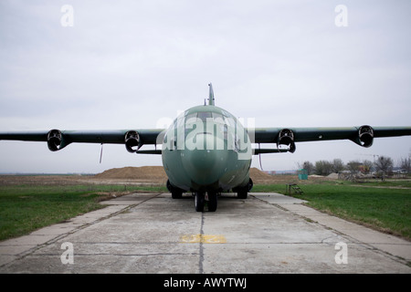 front part of an military airplane landed on runway Stock Photo