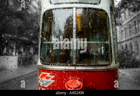 A tram traveling through a tree-lined street on a rainy day in Vienna, Austria. Stock Photo