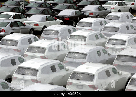 Brand new BMW passenger cars at the harbour in Bremerhaven, Germany Stock Photo