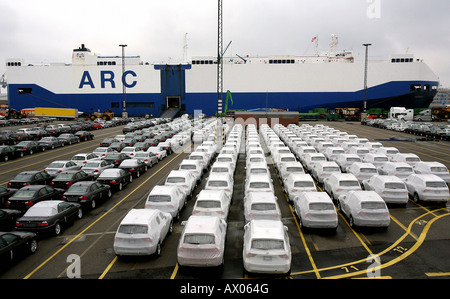 Brand new BMW passenger cars at the harbour in Bremerhaven, Germany Stock Photo