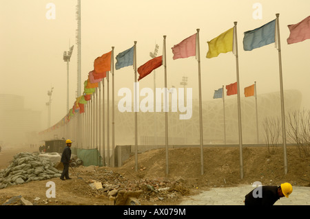 Severe Sandstorm hits construction site of National Stadium for Beijing 2008 Olympic Games. 18-Mar-2008 Stock Photo