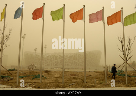 Severe Sandstorm hits construction site of National Stadium for Beijing 2008 Olympic Games. 18-Mar-2008 Stock Photo