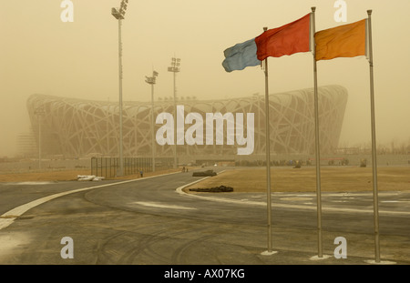 Severe Sandstorm hits construction site of National Stadium for Beijing 2008 Olympic Games. 18-Mar-2008 Stock Photo