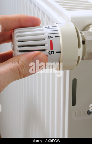 Thermostat valve on a radiator Stock Photo