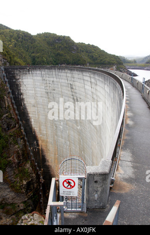 A view of the top of Gordon dam located on the lake Gordon in Tasmania Australia. Stock Photo