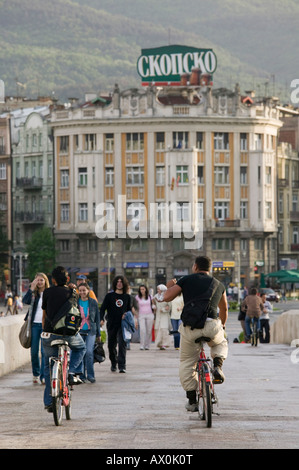 Macedonia, Skopje, Stone Bridge (Kamen Most) view towards Macedonia Square Stock Photo