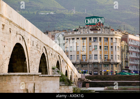 Macedonia, Skopje, Stone Bridge (Kamen Most) view towards Macedonia Square Stock Photo