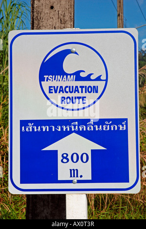 Sign marking evacuation route in case of a tsunami at Khao Lak beach, hard-hit by the tsunami on December 26, 2006 in Thailand, Stock Photo