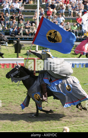 Knight riding a horse in the medieval games in Visby,Gotland Sweden Stock Photo