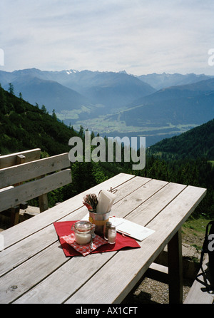 A restaurant terrace overlooking a valley Stock Photo