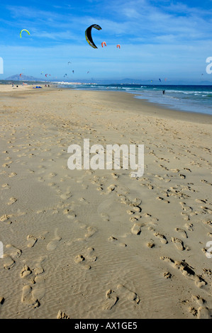 Spain andalusia tarifa kite surfers on playa de los lances Stock Photo