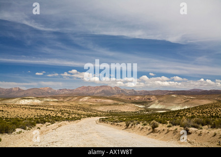 Mountain landscape with the road from national park Reserva Nacional Las Vicunas to national park Lauca, Chile, South America Stock Photo