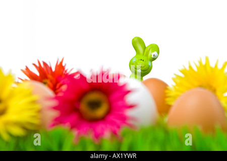 Easter bunny hiding behind eggs on a flower meadow Stock Photo
