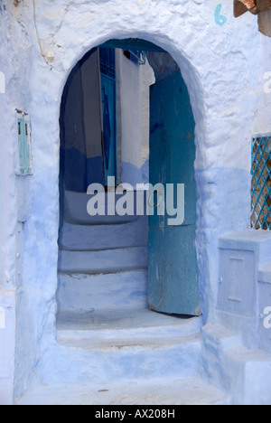 Luminous blue open gate medina Chefchaouen Morocco Stock Photo
