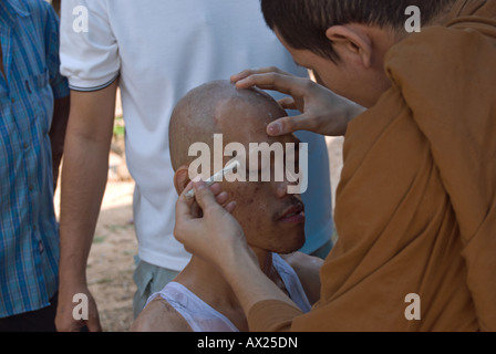 a thai buddhist monk carefully shaves the eyebrows of a young thai man, part of the ordination of a novice monk Stock Photo