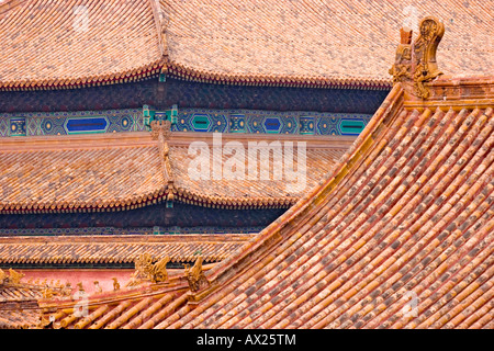 Asia, china, roofs with mythical creatures in forbidden city in beijing. Stock Photo