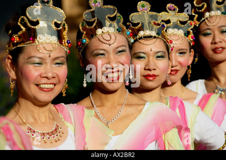 Five Dancers from the London Fo Guang Shan Buddhist Temple lined up preparing to perform, Chinese Mid-Autumn Festival, V&A Museum, 8th October 2006 Stock Photo