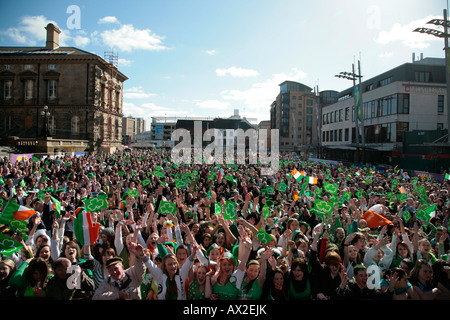 crowd of revellers at the st patricks day concert and carnival in custom house square belfast northern ireland march 17th Stock Photo