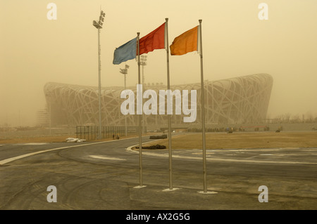 Severe sandstorm hits the construction site of National Stadium for Olympics in Beijing.18-Mar-2008 Stock Photo