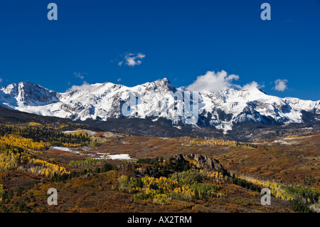 Snow Covered Mountains and Autumn Aspen Trees on the Sneffels Range in Ouray County Colorado Stock Photo