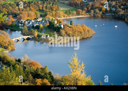 View looking down over Loch Tay to the village of Kenmore. Stock Photo