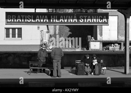 Old passengers waiting train in Bratislava Station, Hlavna Stanica. Stock Photo