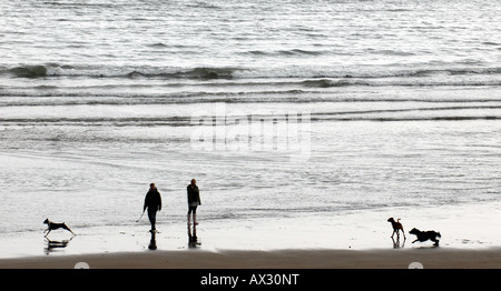 DOG WALKERS ON A EVENING BEACH WALK AT BIGBURY ON SEA,DEVON,UK. Stock Photo