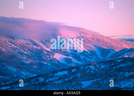 Alpenglow on Steamboat ski area Mt Werner Steamboat Springs Colorado USA Stock Photo