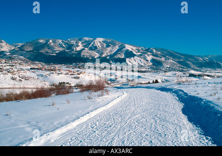 Cross country ski trail and Steamboat ski area Mt Werner Steamboat Springs Colorado USA Stock Photo