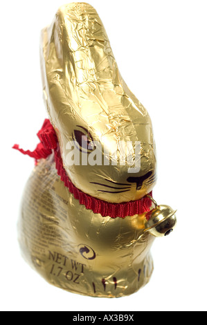 Gold foiled wrapped Easter chocolate bunny Stock Photo