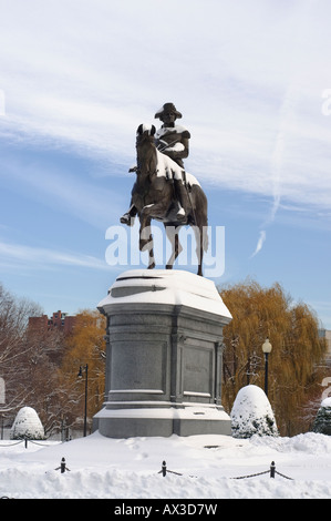 Sculpture of George Washington in the public garden in Boston MA. after a fresh snow. Stock Photo