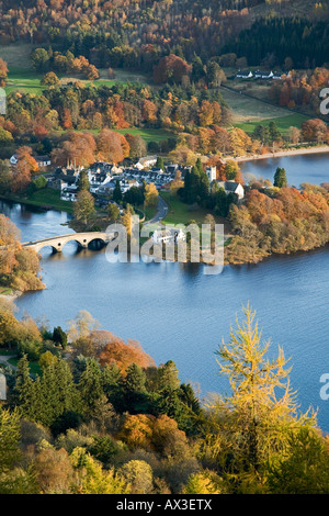 View looking down over Loch Tay to the village of Kenmore. Stock Photo